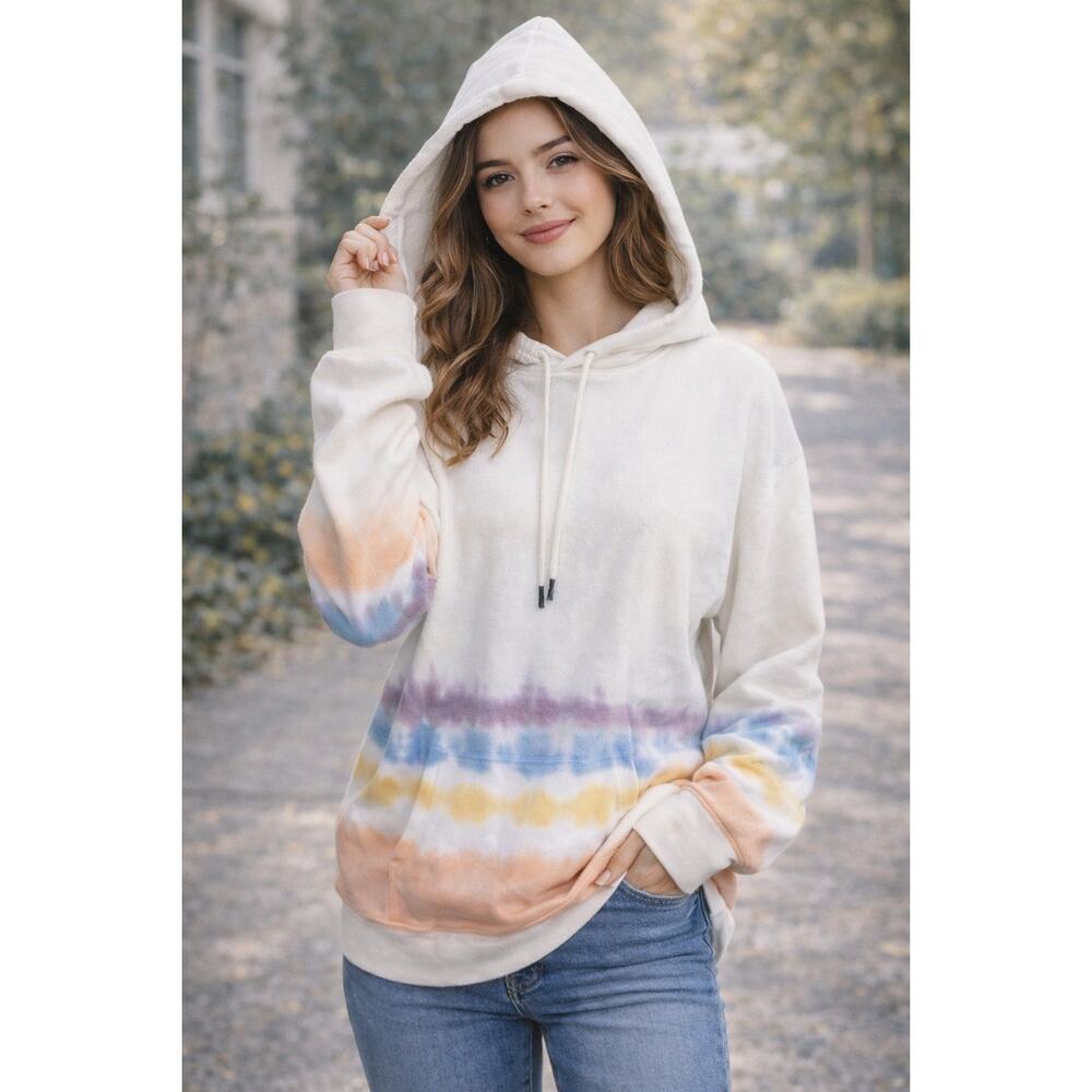 Feat Tie Dye Hoodie Jacket White Pullover  Front Pockets Long Sleeve Size L0